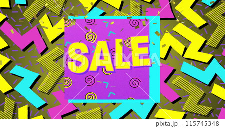 Image of the word Sale in yellow letters with a purple square and brightly coloured shapes on a gree 115745348