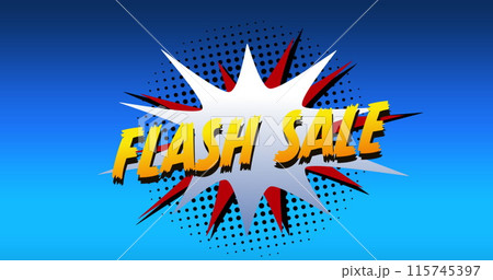 Image of the words Flash Sale in yellow letters on a white explosion on blue background 4k 115745397