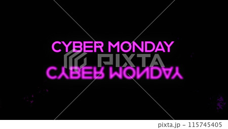 Image of the words Cyber Monday in purple letters with reflection and purple explosions on black bac 115745405