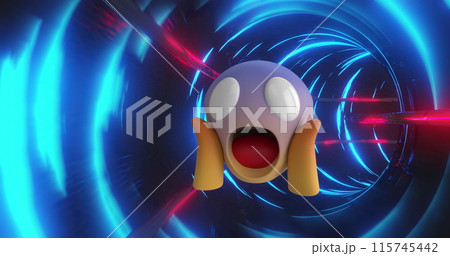 Image of digital interface with shocked emoji icon over glowing blue tunnel in the background Image of digital interface with shocked emoji icon over glowing blue tunnel in the background 115745442