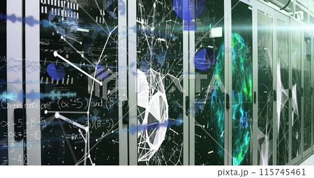 Image of data processing and mathematical equations over server room Image of data processing and mathematical equations over server room 115745461