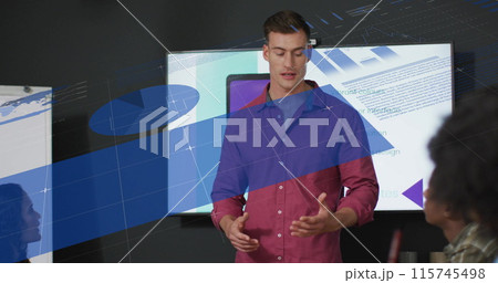 Image of infographic interface and caucasian manager explaining project details to colleagues 115745498