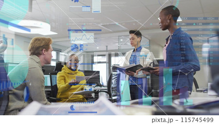 Image of infographic interface and multiracial colleagues discussing sales report in office Image of infographic interface and multiracial colleagues discussing sales report in office 115745499