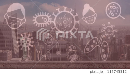 Image of covid 19 icons floating over cityscape on pink background 115745512