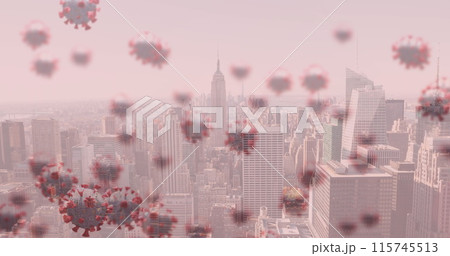 Image of covid 19 cells floating over cityscape on pink background 115745513