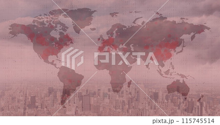 Image of world map with red covid 19 pandemic points over cityscape on red background 115745514