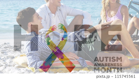 Image of colourful puzzle pieces and autism text over happy friends at summer beach party 115745561