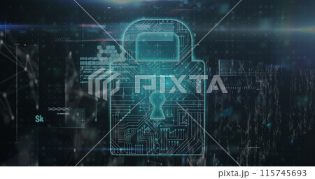 Security padlock icon and cyber security data processing against network of connections 115745693