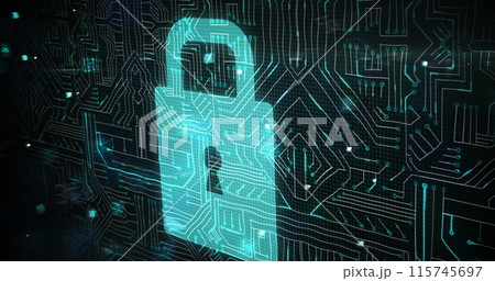 Multiple changing numbers and letters against security padlock icon and microprocessor connections 115745697
