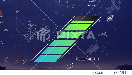 Image of speedometer over icons and cityscape Image of speedometer over icons and cityscape 115745919