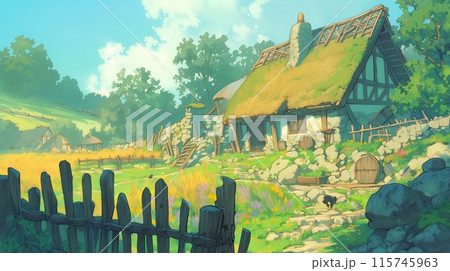 緑の風が吹く丘の小屋 115745963