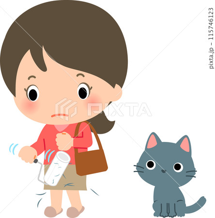 外出前に服に付いた猫の毛を取る女性 115746123