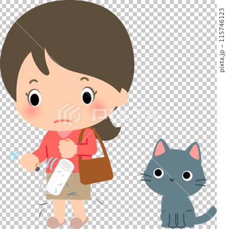 A woman removes cat hair from her clothes before going out 115746123