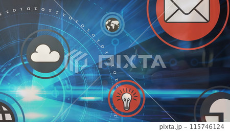 Image of network of connections with icons over man using smartphone 115746124