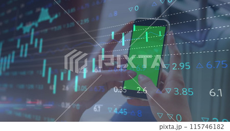 Image of financial data processing over woman using smartphone Image of financial data processing over woman using smartphone 115746182