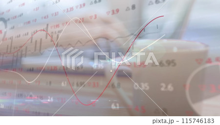 Image of networks and financial data processing over woman using laptop 115746183