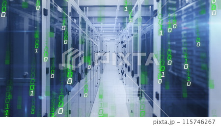 Image of falling binary codes and computer language over server room 115746267
