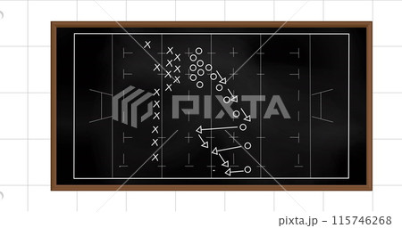 Image of football game strategy drawn on black chalkboard against squared lined paper background Image of football game strategy drawn on black chalkboard against squared lined paper background 115746268