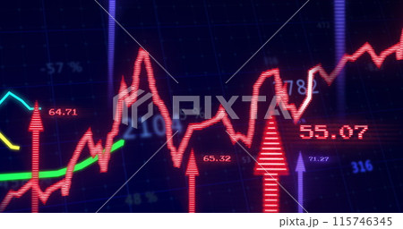 Image of financial data processing and statistics with arrows and red line 115746345