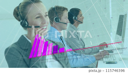 Image of diagram over diverse business people using phone headsets in office Image of diagram over diverse business people using phone headsets in office 115746396