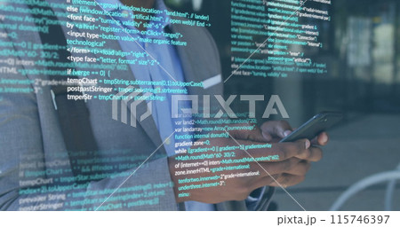 Image of data processing over african american businessman using smartphone in street Image of data processing over african american businessman using smartphone in street 115746397