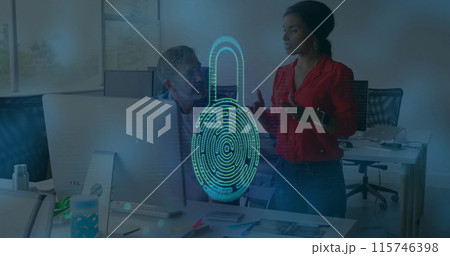 Image of padlock over diverse business people using computer and talking in office Image of padlock over diverse business people using computer and talking in office 115746398