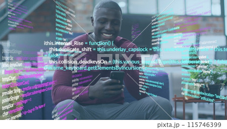 Image of data processing over happy african american man using smartphone at casual office 115746399