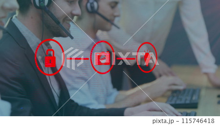 Image of media icons over diverse business people using phone headsets in office 115746418