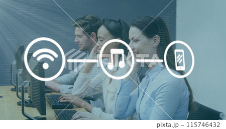 Image of media icons over diverse business people using phone headsets in office Image of media icons over diverse business people using phone headsets in office 115746432