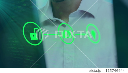 Image of media icons over caucasian businessman using phone headset in office Image of media icons over caucasian businessman using phone headset in office 115746444