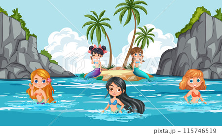 Mermaids Swimming Near Tropical Island 115746519