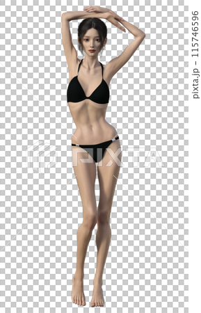 黒いビキニ姿の痩せ過ぎで不健康そうな女性のイラスト 日本人3Dモデルの全身正面 115746596