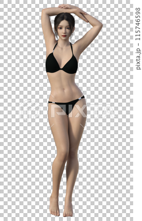 黒いビキニ姿の標準体型で健康的な女性のイラスト 日本人3Dモデルの全身正面 黒いビキニ姿の標準体型で健康的な女性のイラスト 日本人3Dモデルの全身正面 115746598