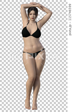 黒いビキニ姿のぽっちゃり体型の女性のイラスト 日本人3Dモデルの全身正面 黒いビキニ姿のぽっちゃり体型の女性のイラスト 日本人3Dモデルの全身正面 115746599