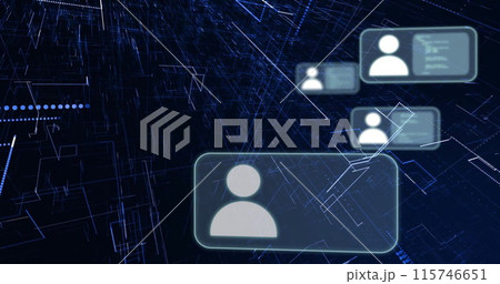 Image of icons with connections and data processing over dark background 115746651