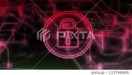 Image of icons with connections and data processing over dark background 115746669