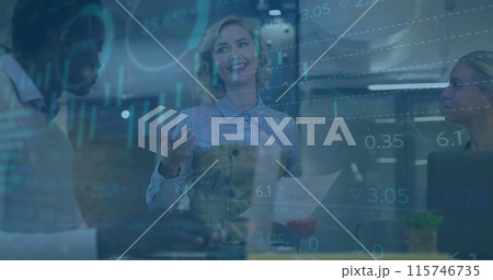 Image of financial data processing over diverse business people in office Image of financial data processing over diverse business people in office 115746735