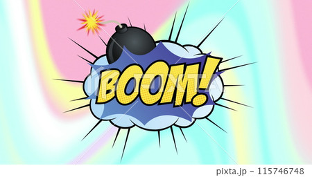 Image of boom text in speech bubble over pastel waving lines Image of boom text in speech bubble over pastel waving lines 115746748