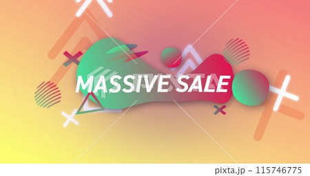 Image of massive sale text in white letters over red and green liquid blob and white shapes 115746775
