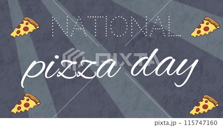 Image of national pizza day text and pizza icons over grey background Image of national pizza day text and pizza icons over grey background 115747160