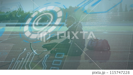 Image of digital interface over african american men with physical disability running 115747228