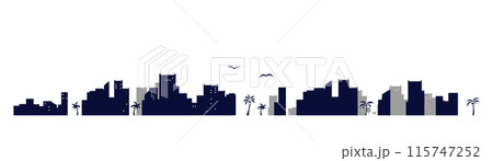 夏の海辺の街並みのシルエットイラストのセット　背景イラスト　都市景観 115747252