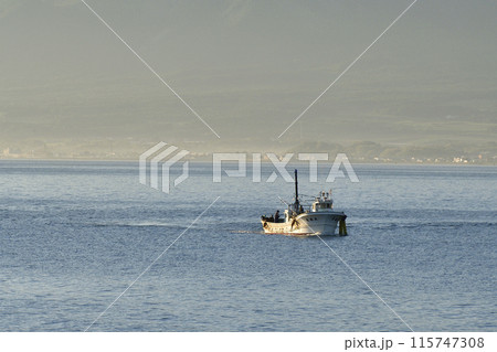 初夏の北海道森町で操業中のホタテ漁船の風景を撮影 115747308