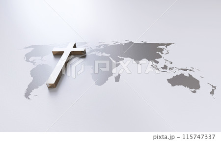 Cross of Jesus Christ and world map background, church mission, gospel and evangelism concept 115747337