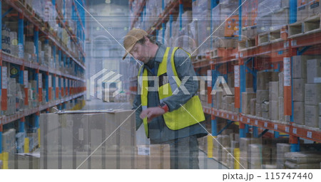 Image of statistical data processing over caucasian male worker working at warehouse 115747440