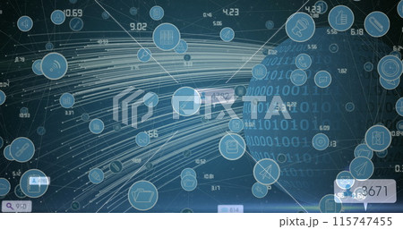 Image of social media reaction and tech icons over globe 115747455