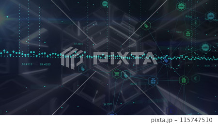 Data processing and network of digital icons over hexagonal tunnel against black background Data processing and network of digital icons over hexagonal tunnel against black background 115747510