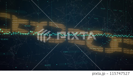 Image of financial graphs and block chain on black background Image of financial graphs and block chain on black background 115747527