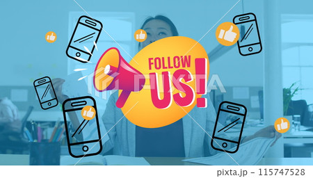 Image of follow us and smartphone over asian woman in office Image of follow us and smartphone over asian woman in office 115747528
