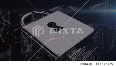 Image of data data, financial graphs and digital padlock on navy background 115747529